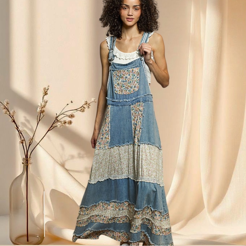 POL Denim Overall Maxi Dress | Patchwork Floral Lace - Picture 4 of 8